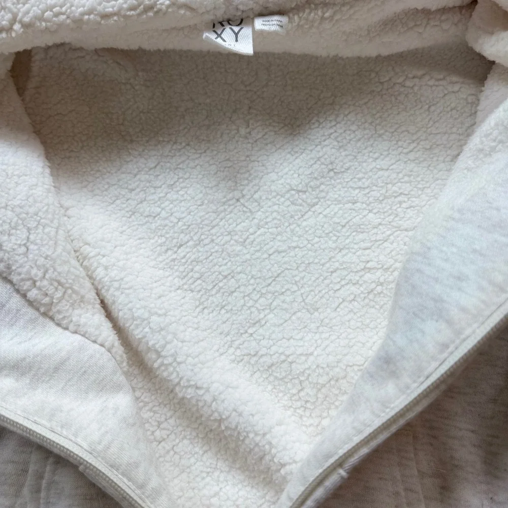 Roxy Hoodie Girls Size M 10/12 Oatmeal Excellent Sherpa Lined Floral Heart Zip